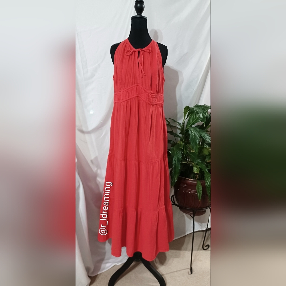 NWT Old Navy Fit & Flare Crinkle Gauze Maxi Dress Size Large In Coral